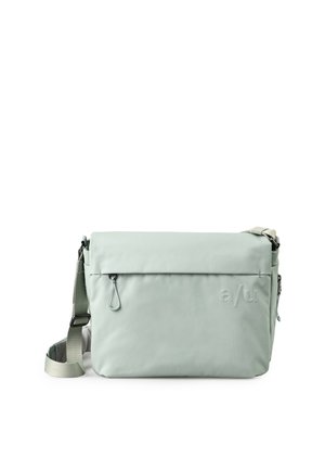 Borsa messenger grigio chiaro con tracolla regolabile, tasca frontale con cerniera e logo "a/u" in rilievo sulla superficie del tessuto liscio.