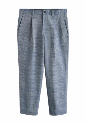 Herrengraue gemusterte Hose mit subtiler Karoresche, Knopfverschluss vorne, Seitentaschen und Gürtelschlaufen.
