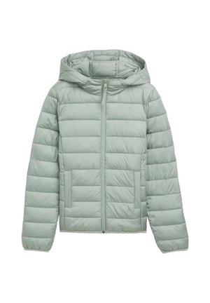 Svetlozelena jakna z podlogo in kapuco, poln zip ter dvema sprednjima žepoma. Ima horizontalno prešito zasnovo in elastične manšete.