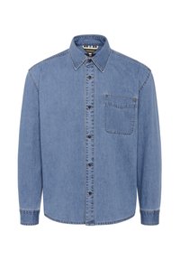 Hele sinine denimsärk pikkade varrukatega, nööpidega ees, terav kaelus, üks rinnatasku ja kontrastsetes õmblustes.