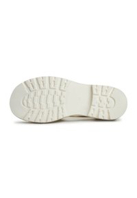 White rubber shoe sole with textured tread pattern, featuring alternating raised and flat sections for traction and stability.