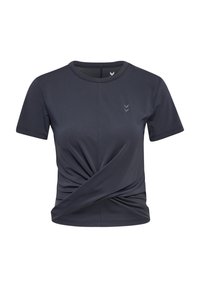 Mörkgrå kortärmad topp i stretchigt material, med en vriden frontdesign och subtil logotypdetalj på bröstet.