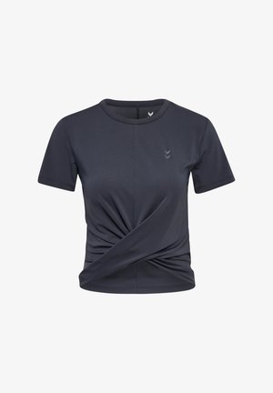 Donkergrijze top met korte mouwen van rekbaar materiaal, met een gedraaide voorkant en subtiele logo-opdruk op de borst.