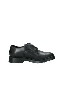 Scarpe da uomo in pelle nera con punta rotonda, lacci davanti e suola in gomma texturizzata. Finitura liscia con sottili dettagli di cucitura.