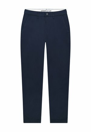 Marineblauwe chinos met een recht ontwerp, gemaakt van een gladde stof. Voorzien van voorzakken en een sluiting met één knoop in de taille.