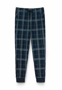 Heren pyjamabroeken in marineblauw, met een ruitpatroon van lichtblauwe en grijze lijnen, een elastische tailleband en omslagranden.