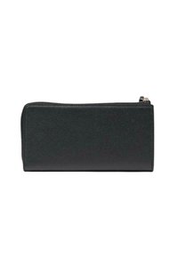 Portafoglio in pelle nera con una texture liscia, forma rettangolare e chiusura con zip. Presenta un design minimalista senza hardware visibile.