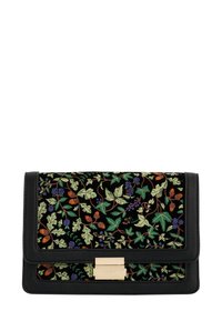 Floral-embroidered clutch bag featuring a black velvet front, gold-tone hardware, and a textured black leather back.