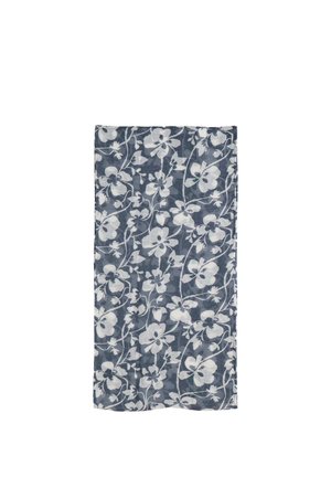 Prostokątny ciemnoniebieski szalik z białym wzorem kwiatowym na całej powierzchni, zawierający kwiaty różnych rozmiarów oraz wijące się łodygi.