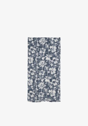 Rechthoekige donkeblauwe sjaal met een all-over wit bloemenpatroon met bloemen in verschillende maten en kronkelende stengels.