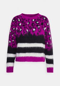 Purple and black sweater with leopard print, featuring white and gray horizontal stripes at the hem and cuffs. Fluffy texture, cropped design.