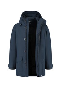 Marineblauwe winterjas met capuchon, voorzien van een ritssluiting aan de voorkant en knoopsluitingen, klepzakken en verstelbare manchetten, tentoon gesteld open.