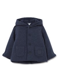 Giacca con cappuccio blu navy con motivo a spina di pesce, cinque bottoni, due tasche frontali e una toppa solida sulla tasca inferiore.