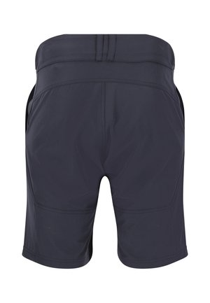 Donkerblauwe sportshorts met een gladde textuur, voorzien van een brede tailleband en zijzakken, ontworpen voor comfort en bewegingsvrijheid.
