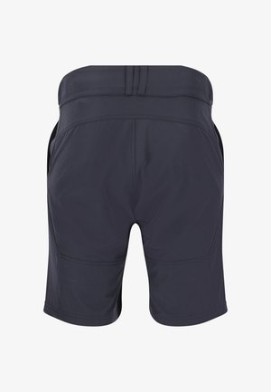 Donkerblauwe sportshorts met een gladde textuur, voorzien van een brede tailleband en zijzakken, ontworpen voor comfort en bewegingsvrijheid.