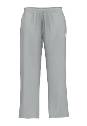Pantaloni de trening gri, confecționați dintr-un material moale, cu o talie elastică și șnur, buzunare laterale și o croială relaxată, cu picioare largi.