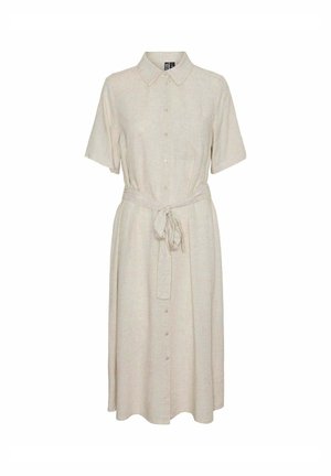 Robe en lin beige à manches courtes, avec un col, une patte de boutonnage sur toute la longueur et une ceinture à nouer à la taille. Forme évasée, texture lisse avec des motifs subtils.