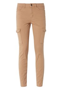 Pantalones cargo color beige hechos de una tela ligera, con un corte ajustado, bolsillos laterales y cierre de botón en la cintura.