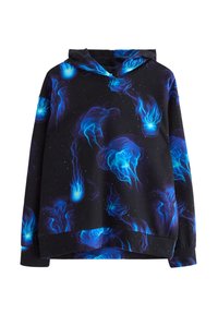 Felpa con cappuccio nera con un vivido motivo di meduse blu, realizzata in tessuto morbido, con una capiente tasca a marsupio e cappuccio con coulisse regolabile.