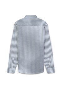 Chemise à manches longues vue de dos, présentant des rayures verticales alternant entre gris et bleu clair, avec des poignets boutonnés et un col pointu.