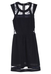 Marinblå klänning med en åtsittande överdel, spetspaneler över axlarna och ryggen, samt en utsvängd kjol. Dragkedjestängning på baksidan.