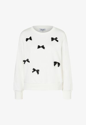 Weißer Pullover mit schwarzen Schleifenverzierungen und rundem Ausschnitt. Mit langen Ärmeln sowie gerippten Bündchen an Ärmeln und Saum gestaltet.