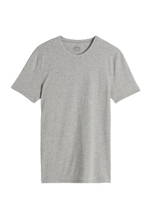 Grijze t-shirt met korte mouwen van een zachte katoenmix. Heeft een ronde halslijn en een eenvoudige, gladde textuur zonder patronen.