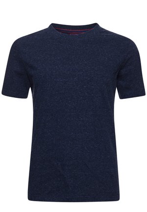 T-shirt bleu marine à manches courtes et col rond avec une texture chinée, présenté sur fond blanc uni.