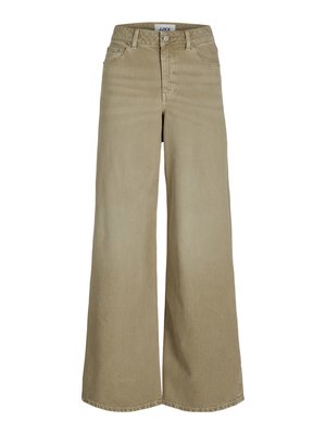 Beige széles szárú farmernadrág magas derékkal, részletes varrással, öt zsebbel és klasszikus gombos záródással elöl.