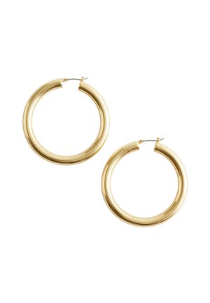 Gold hoop earrings with a smooth, polished finish. Round shape, medium size, featuring a secure closure at the top. No visible patterns.