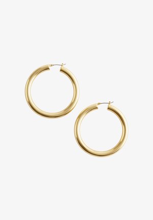 Gold hoop earrings with a smooth, polished finish. Round shape, medium size, featuring a secure closure at the top. No visible patterns.