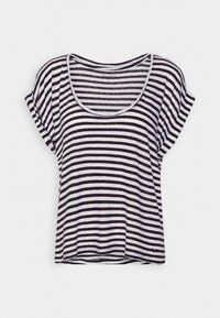 Pruhované tričko v černé a bílé barvě, krátký rukáv, s kulatým výstřihem a volným střihem. Měkká tkanina s konstantními horizontálními pruhy.