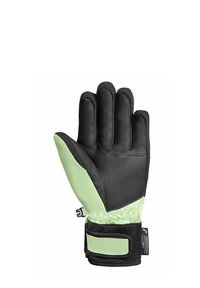 Schwarze und hellgrüne wasserdichte Handschuhe mit Riemenverschluss und weicher Textur, entworfen für kaltes Wetter oder Aktivitäten im Freien.