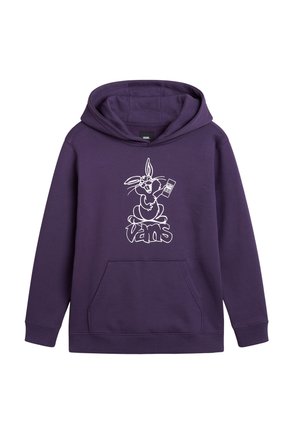 Fioletowa bluza z kapturem i kieszenią z przodu, z białym kreskówkowym królikiem trzymającym kalkulator nad logo Vans.