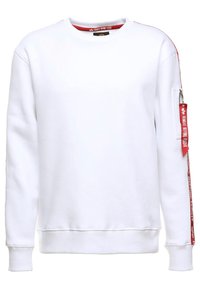 Felpa bianca con colletto rotondo, polsini e orlo a costine. Presenta una striscia laterale rossa e una tasca con zip sul braccio sinistro con etichetta. Texture liscia.