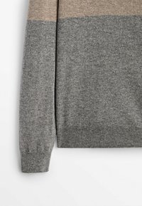 Gray knit sweater with a beige-striped section at the top. Features a soft texture and ribbed cuffs. Classic, comfortable design.