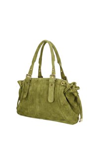 Sac à main en daim vert olive doux avec deux bretelles, des détails à cordon latéraux et des accents de boucle dorés.