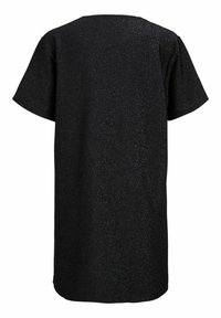 Black short-sleeve dress with a loose fit, featuring a subtly textured, sparkly fabric, and a round neckline. No visible closures or accents.