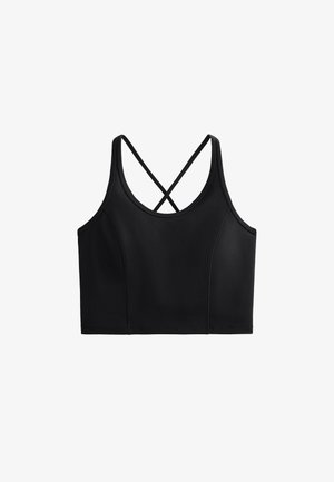 Black sports bra with a seamless design, featuring a round neckline, cross-back straps, and smooth texture. Suitable for athleticwear.