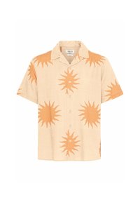 Kurzärmliges, beiges Hemd mit großen orangefarbenen Sonnenstrahlenmustern. Knopfverschluss vorne mit klassischem Kragen, aus leichtem Stoff gefertigt.