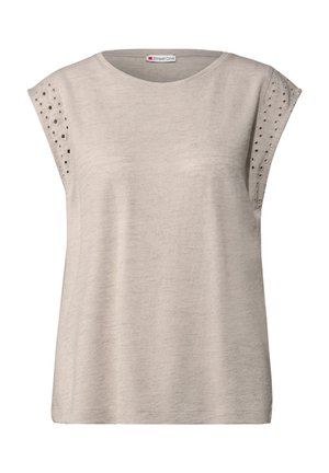 Beige short-sleeve top with a round neckline, featuring eyelet details on the shoulders and a relaxed fit. Made from soft, lightweight fabric.