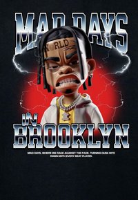 Personnage de dessin animé avec de longues nattes noires et des traits marquants, portant un sweat à capuche blanc et une chaîne en or. Le texte comprend "JOURS FOLLES À BROOKLYN."