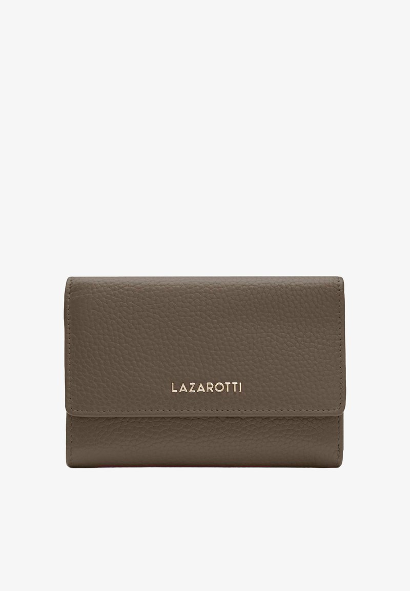 Bruine leren portemonnee met een gestructureerde afwerking, voorzien van een voorflapsluiting en een in goud opgedrukte "LAZAROTTI"-logo. Elegante en compacte uitstraling.