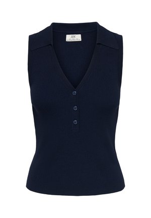 Mouwloos marineblauw geribbeld gebreid topje met kraag, V-hals en drie knopen aan de voorkant.