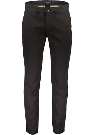 Zwarte katoenen broek met een slim fit, voorzien van een knoopsluiting aan de voorkant, riemlussen en zijzakken, met een gladde, matte textuur.