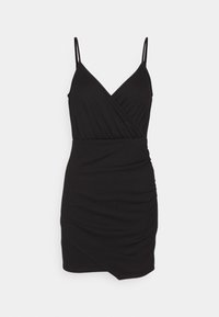 Mini-robe noire sans manches avec fines bretelles, corsage croisé en V et jupe ajustée avec un ourlet légèrement asymétrique.