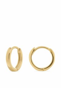 Guldörhängen med en slät, rund design och en subtil delning. Ytan är blanka med en polerad finish.