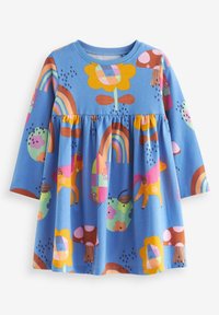 Robe bleue à manches longues pour enfants avec des motifs colorés comprenant des arcs-en-ciel, des fleurs, des licornes, des pommes et des champignons dans un design ludique.