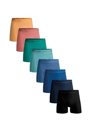 Set of eight boxer shorts in varying colors: peach, pink, teal, turquoise, light blue, dark blue, navy, and black. Features logo waistband.