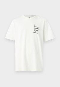 Hvit bomull T-skjorte med et svart grafisk trykk av en takeout-container med spisepinner og Adidas-logoen på venstre bryst.